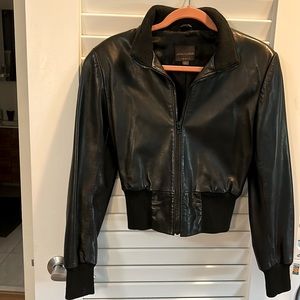 Black leather bomber jacket